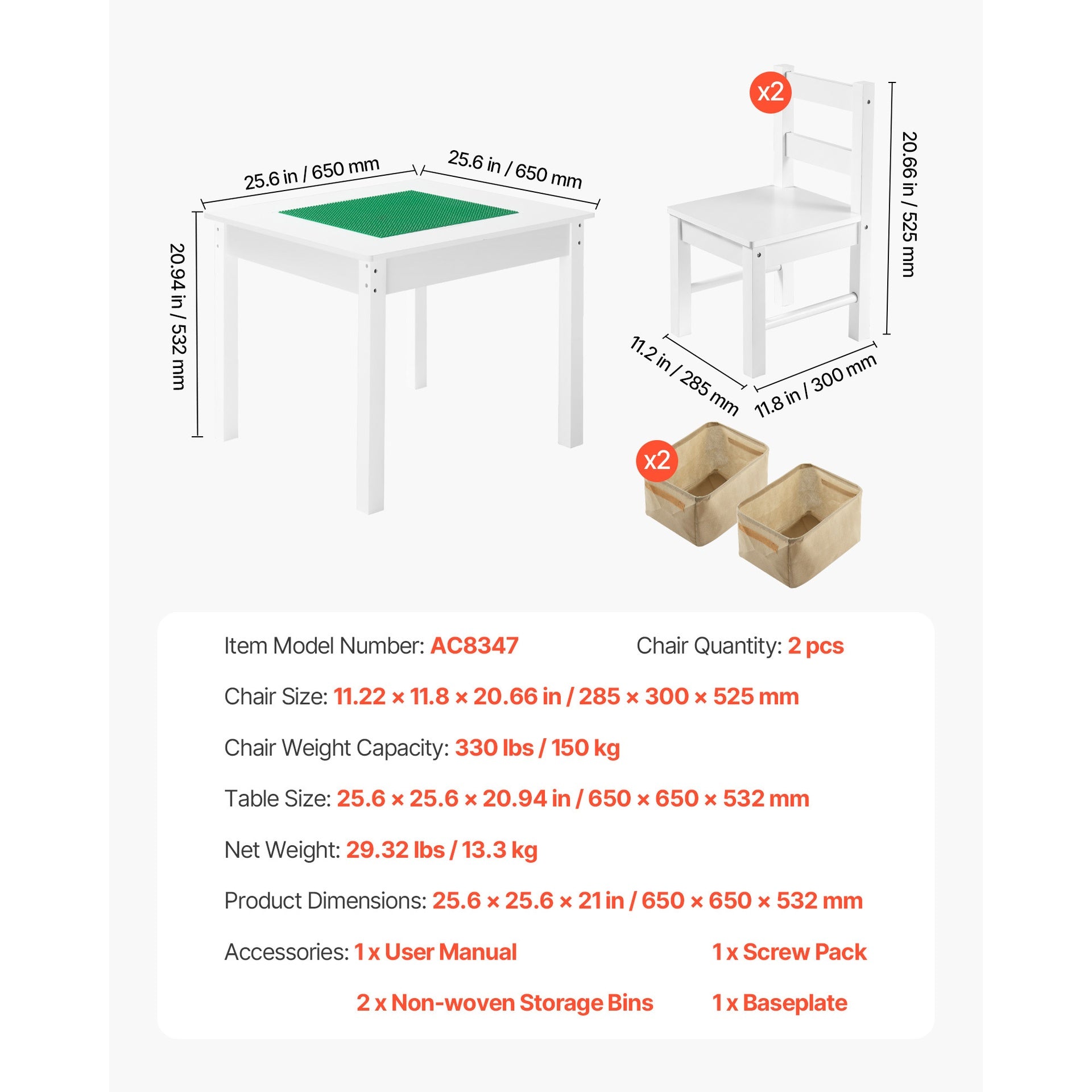 Kids Activity Table and 2 Chairs Set, Building Blocks Double-Sided Tabletop, Toddler Table and Chair Set with Storage for Kids 3+ Years, Large Storage Space, Present for Boys & Girls, White