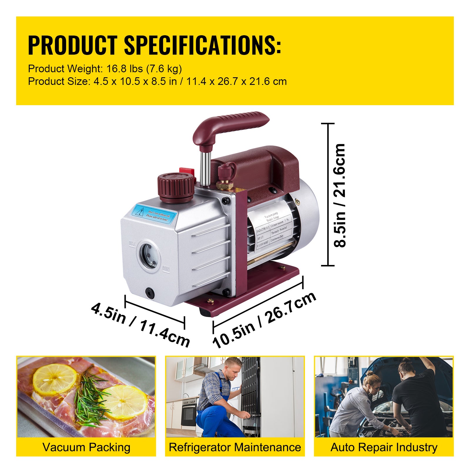 Vacuum Pump 4.5CFM Vacuum Pump HVAC Single-Stage Rotary Vane Vacuum Pump 1/3HP 5PA Ultimate Air Conditioning Refrigerant Vacuum Pump