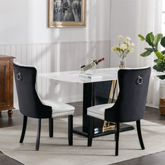 A&A Furniture,Nikki Collection Modern,High-end Tufted Solid Wood Contemporary PU and Velvet Upholstered Dining Chair with Wood Legs Nailhead Trim  2 Pcs Set,White+Black, SW2101WB