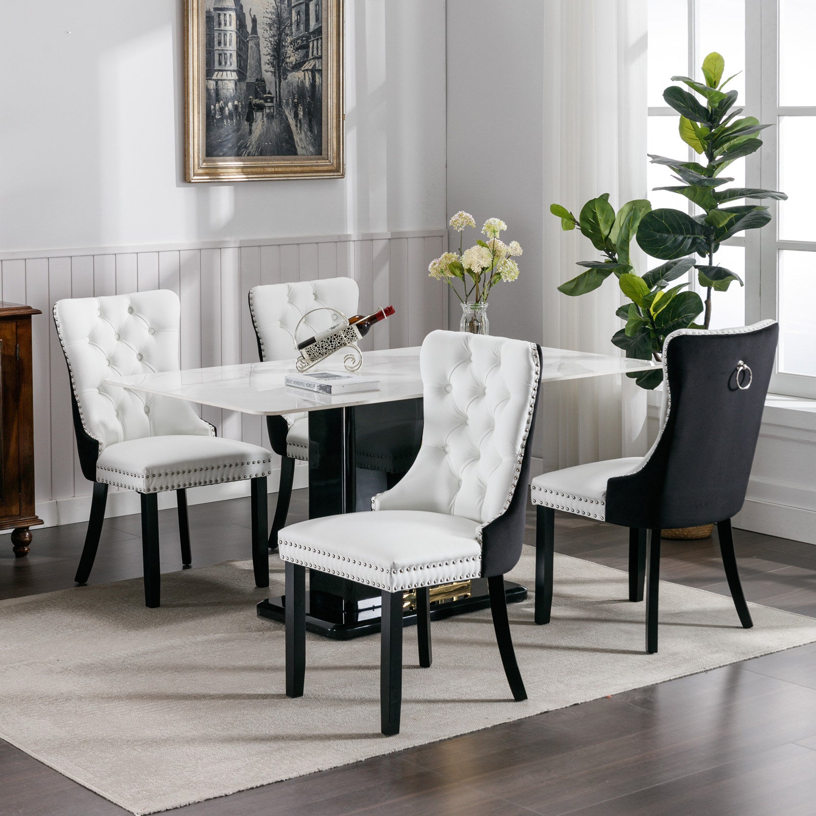 A&A Furniture,Nikki Collection Modern,High-end Tufted Solid Wood Contemporary PU and Velvet Upholstered Dining Chair with Wood Legs Nailhead Trim  2 Pcs Set,White+Black, SW2101WB