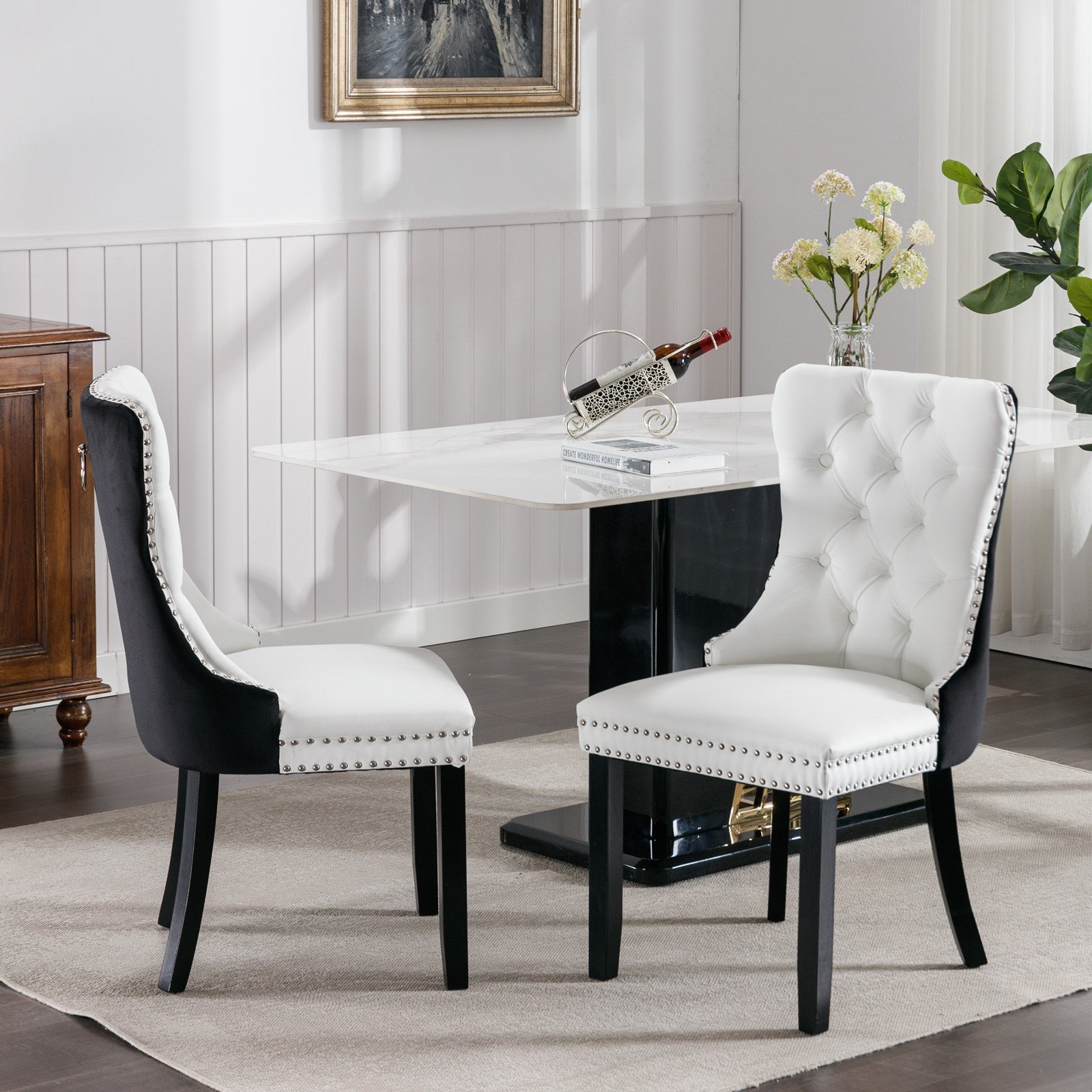 A&A Furniture,Nikki Collection Modern,High-end Tufted Solid Wood Contemporary PU and Velvet Upholstered Dining Chair with Wood Legs Nailhead Trim  2 Pcs Set,White+Black, SW2101WB