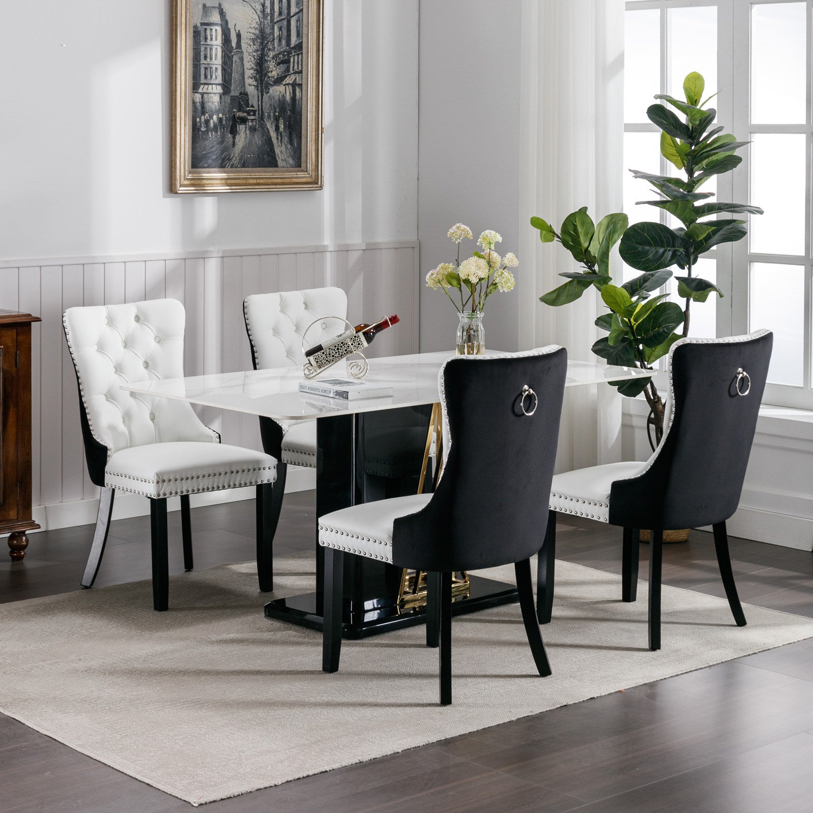 A&A Furniture,Nikki Collection Modern,High-end Tufted Solid Wood Contemporary PU and Velvet Upholstered Dining Chair with Wood Legs Nailhead Trim  2 Pcs Set,White+Black, SW2101WB