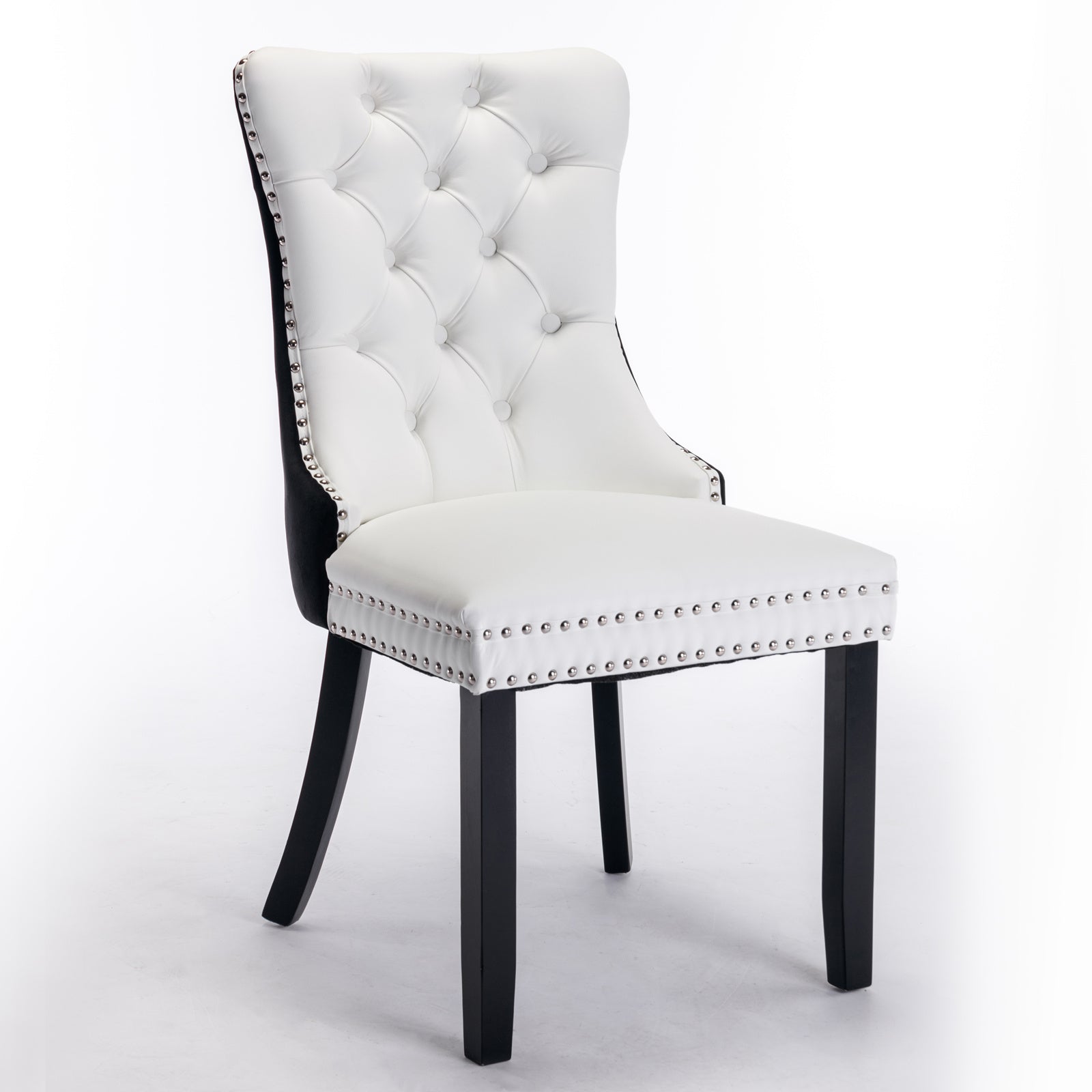 A&A Furniture,Nikki Collection Modern,High-end Tufted Solid Wood Contemporary PU and Velvet Upholstered Dining Chair with Wood Legs Nailhead Trim  2 Pcs Set,White+Black, SW2101WB