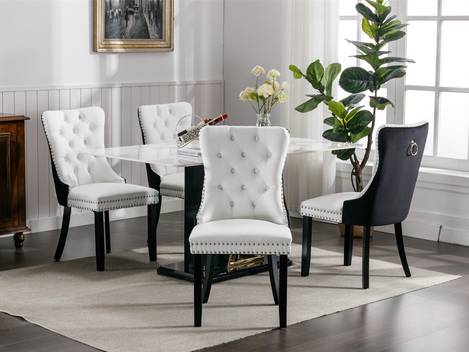 A&A Furniture,Nikki Collection Modern,High-end Tufted Solid Wood Contemporary PU and Velvet Upholstered Dining Chair with Wood Legs Nailhead Trim  2 Pcs Set,White+Black, SW2101WB