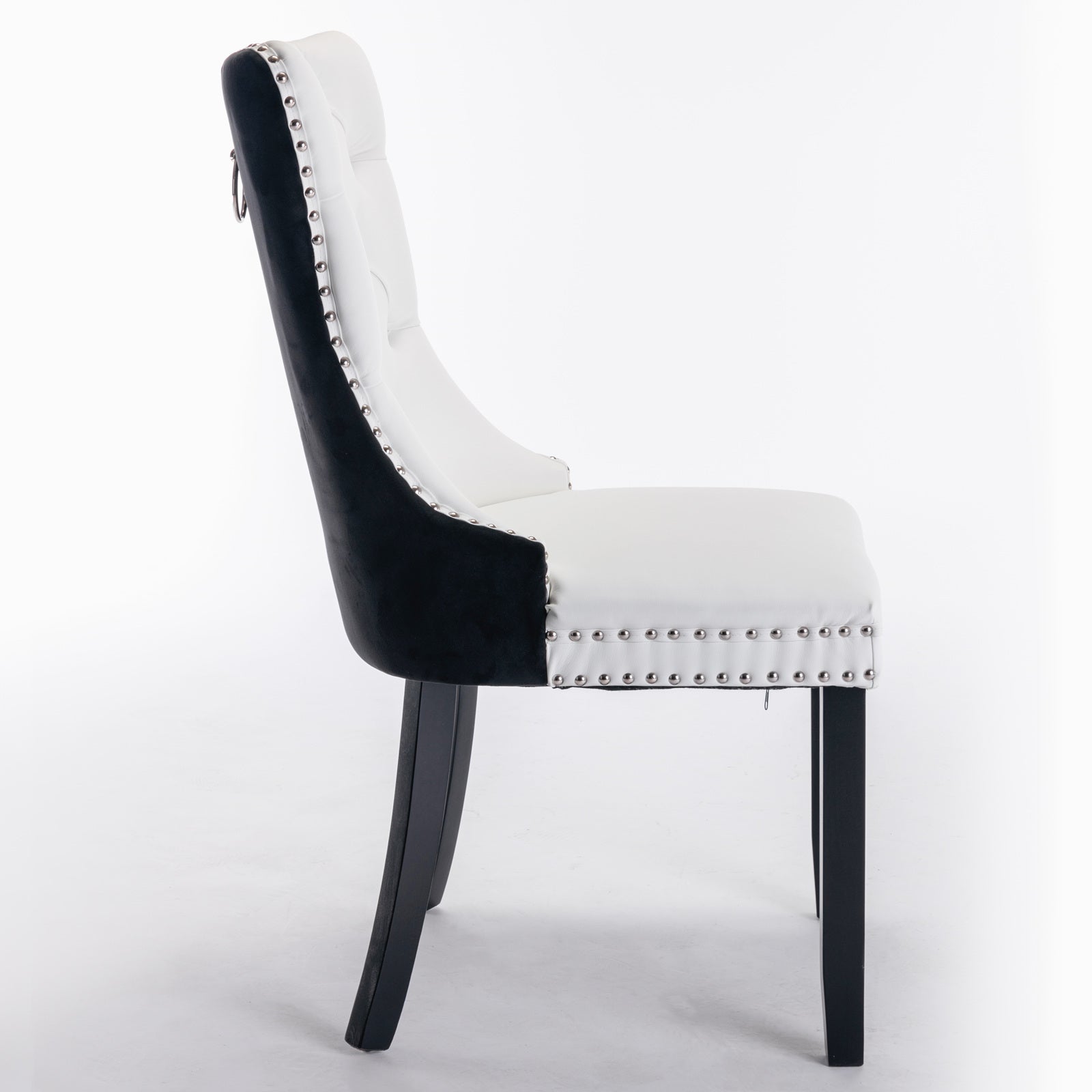 A&A Furniture,Nikki Collection Modern,High-end Tufted Solid Wood Contemporary PU and Velvet Upholstered Dining Chair with Wood Legs Nailhead Trim  2 Pcs Set,White+Black, SW2101WB