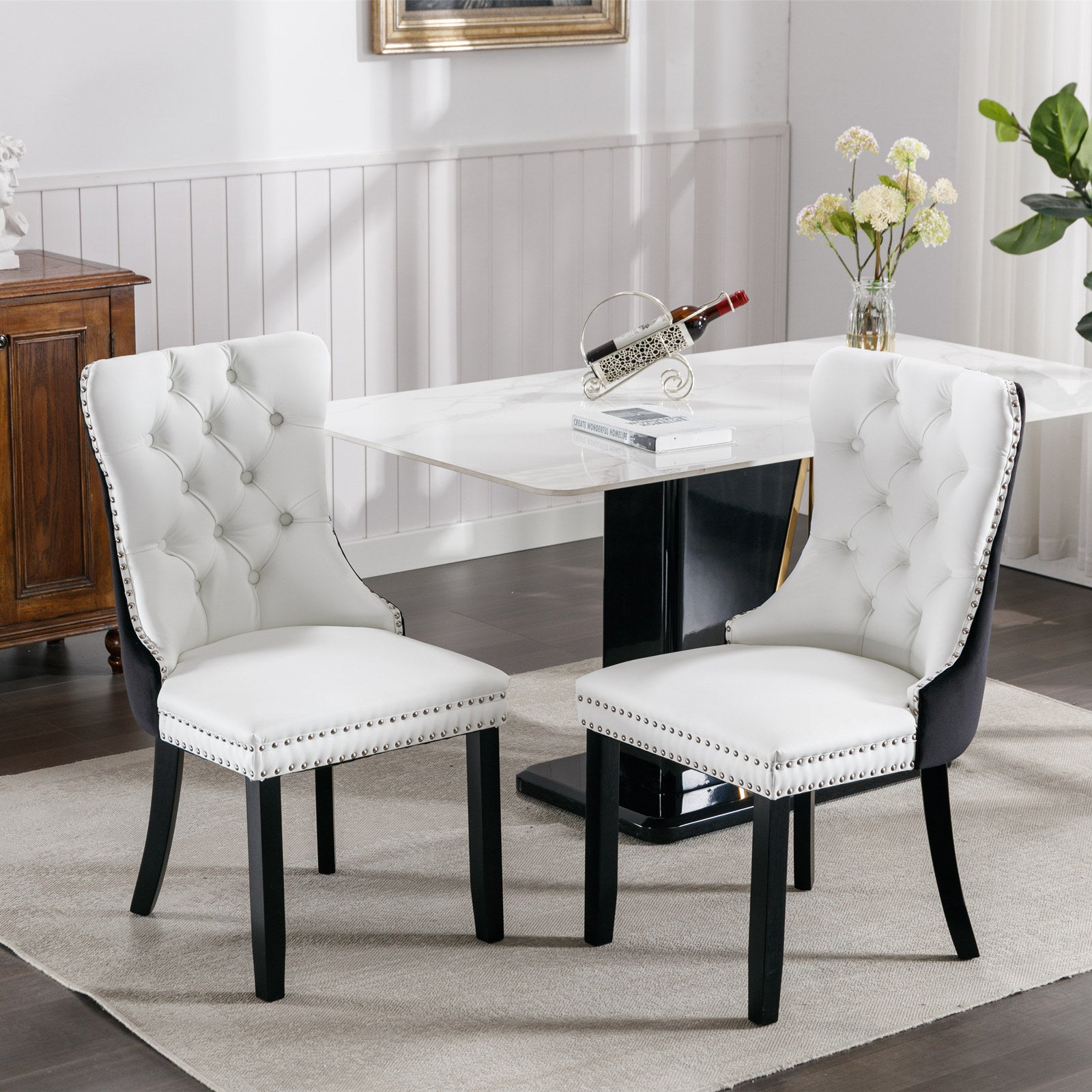 A&A Furniture,Nikki Collection Modern,High-end Tufted Solid Wood Contemporary PU and Velvet Upholstered Dining Chair with Wood Legs Nailhead Trim  2 Pcs Set,White+Black, SW2101WB