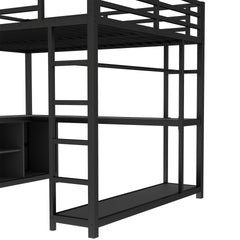 Metal Loft Bed with Wardrobe and L-shaped Desk, Queen Size Loft Bed with Storage Cubes and Shelves, Loft Bed for Kids Teens Adults, Black