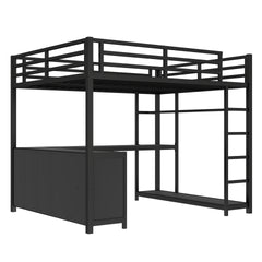 Metal Loft Bed with Wardrobe and L-shaped Desk, Queen Size Loft Bed with Storage Cubes and Shelves, Loft Bed for Kids Teens Adults, Black