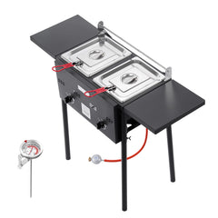 Outdoor Propane Deep Fryer, Dual-Tank 8QTx2 Commercial Fryer, Stainless Steel Cooker with Foldable Platform, Dual Basket, and Heat Adjustment, Floor Standing Fryers for Restaurant Home Snack Bar