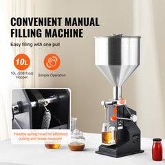 Manual Paste Liquid Filling Machine, 5-50ml Bottle Filler, Adjustable Bottle Filling Machine, Stainless Steel Liquid Filler with Hopper for Milk Water Juice Essential Oil Shampoo Cosmetic Honey