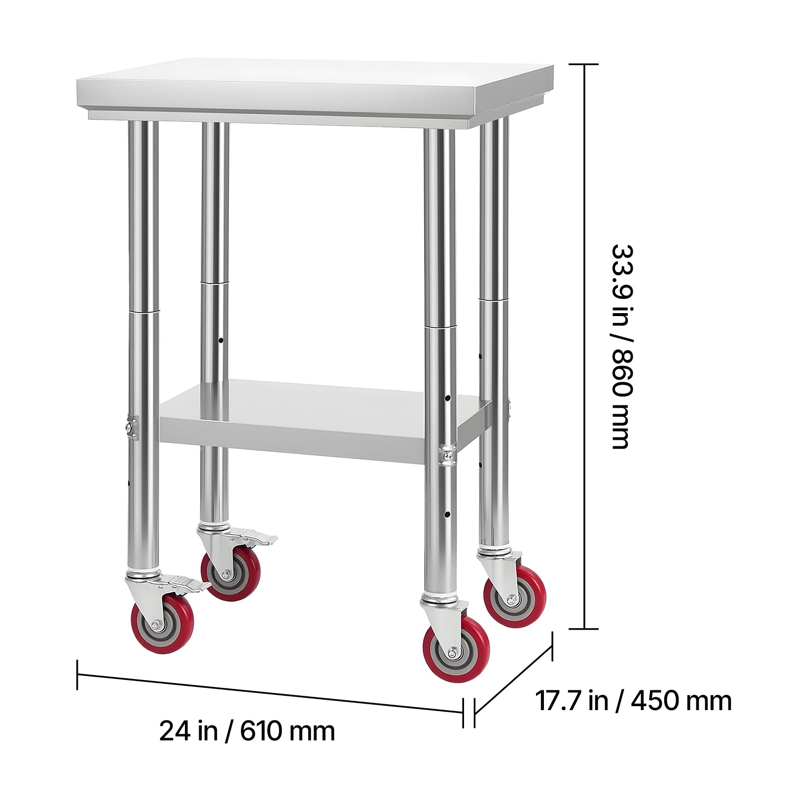 Stainless Steel Table, 24 x 18 Inches Food Prep Worktable with Wheels, Kitchen Prep Table with Adjustable Undershelf Workstations for Commercial Kitchen, Restaurant, Hotel and Garage, Outdoor