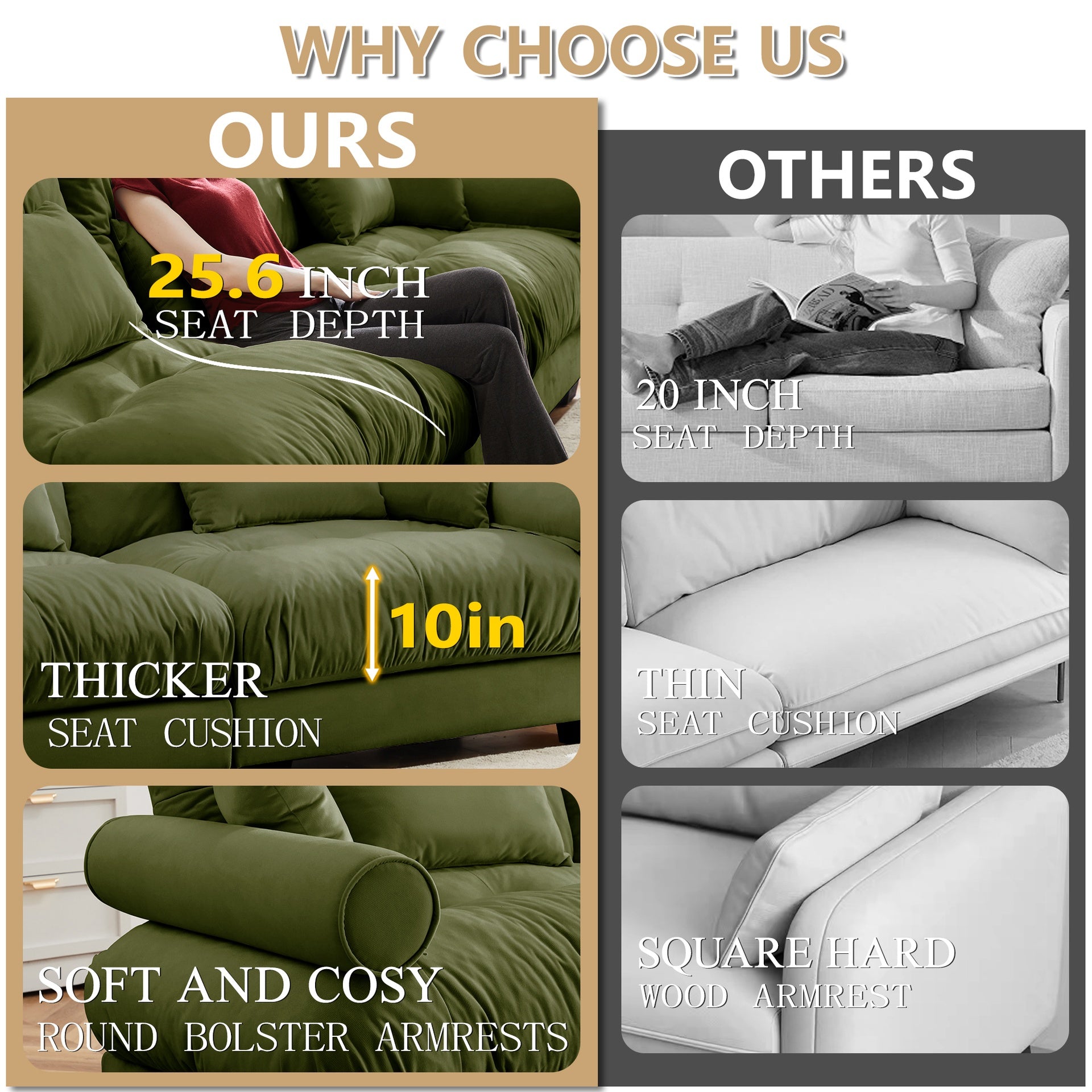 Extra Large  3 Seat Modern Velvet Sofa, Oversize Sofa, Clould Like Comfortable Seat and Back Support, With Waist Pillows and Throw Pillows, Olive green