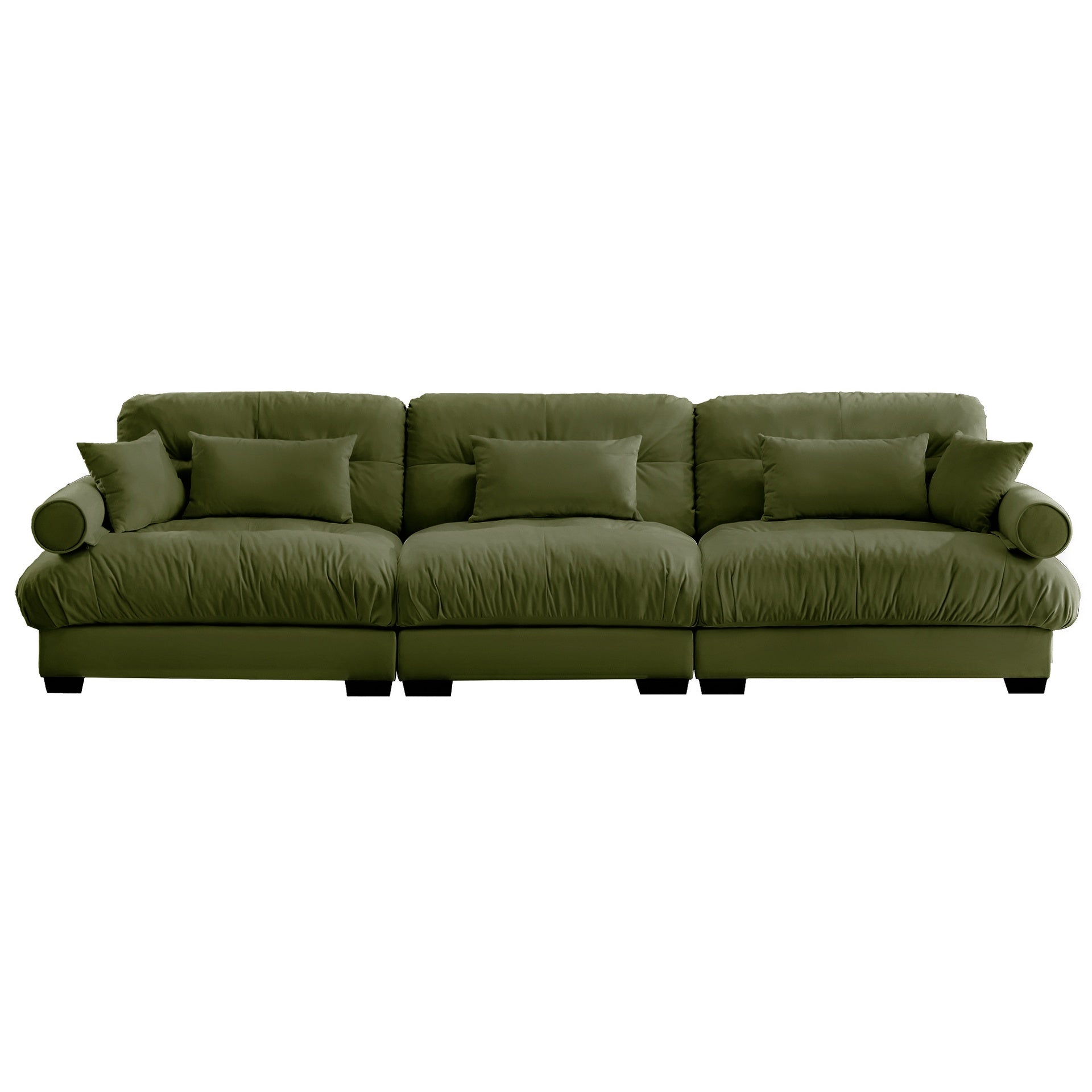 Extra Large  3 Seat Modern Velvet Sofa, Oversize Sofa, Clould Like Comfortable Seat and Back Support, With Waist Pillows and Throw Pillows, Olive green