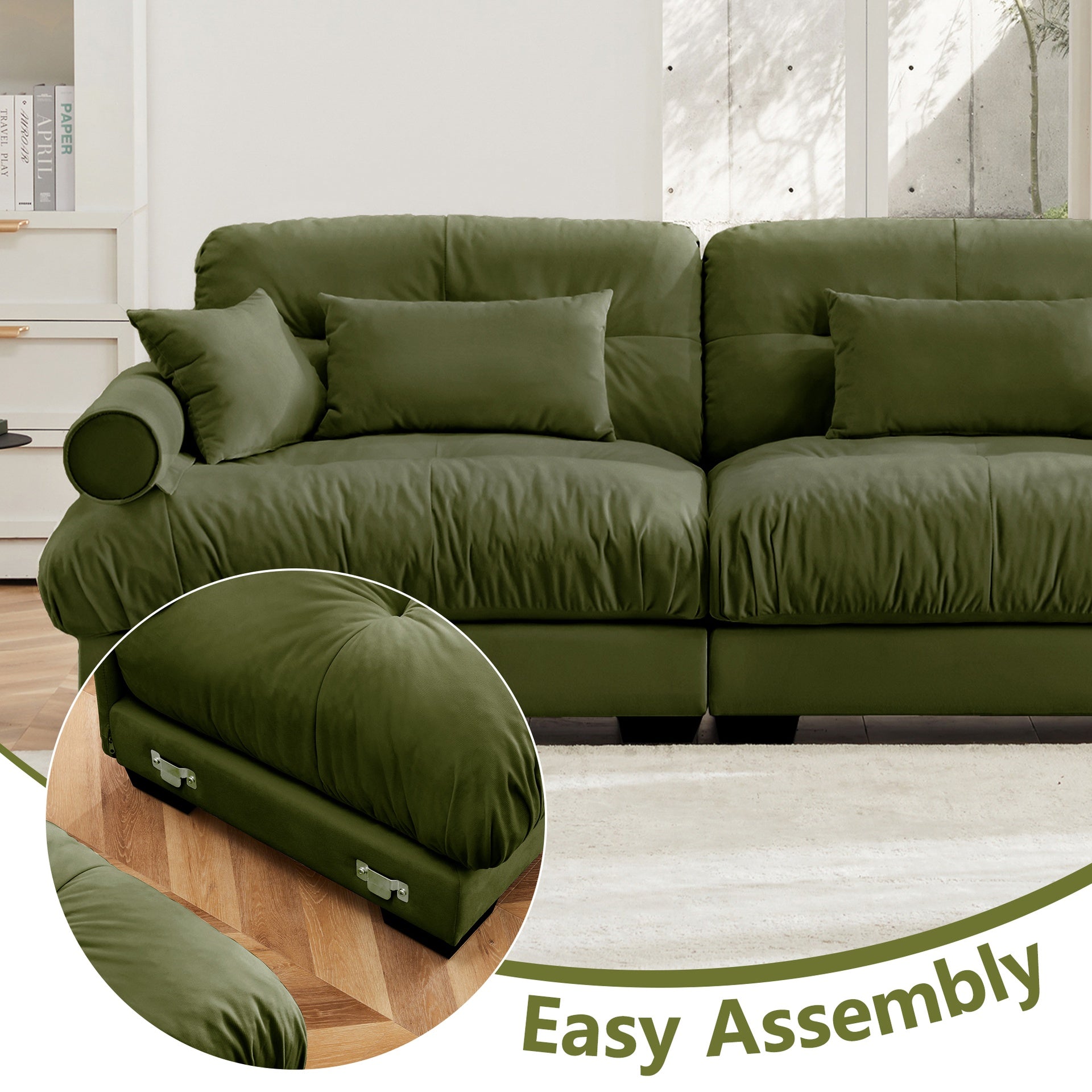 Extra Large  3 Seat Modern Velvet Sofa, Oversize Sofa, Clould Like Comfortable Seat and Back Support, With Waist Pillows and Throw Pillows, Olive green