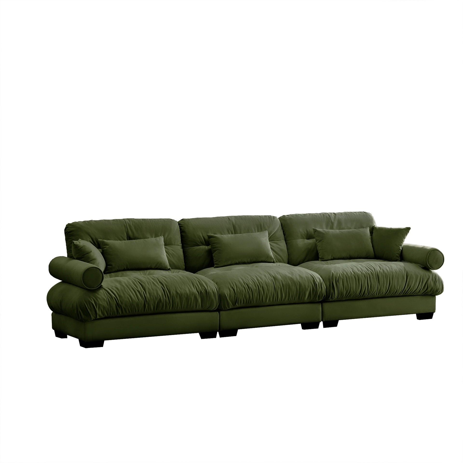 Extra Large  3 Seat Modern Velvet Sofa, Oversize Sofa, Clould Like Comfortable Seat and Back Support, With Waist Pillows and Throw Pillows, Olive green