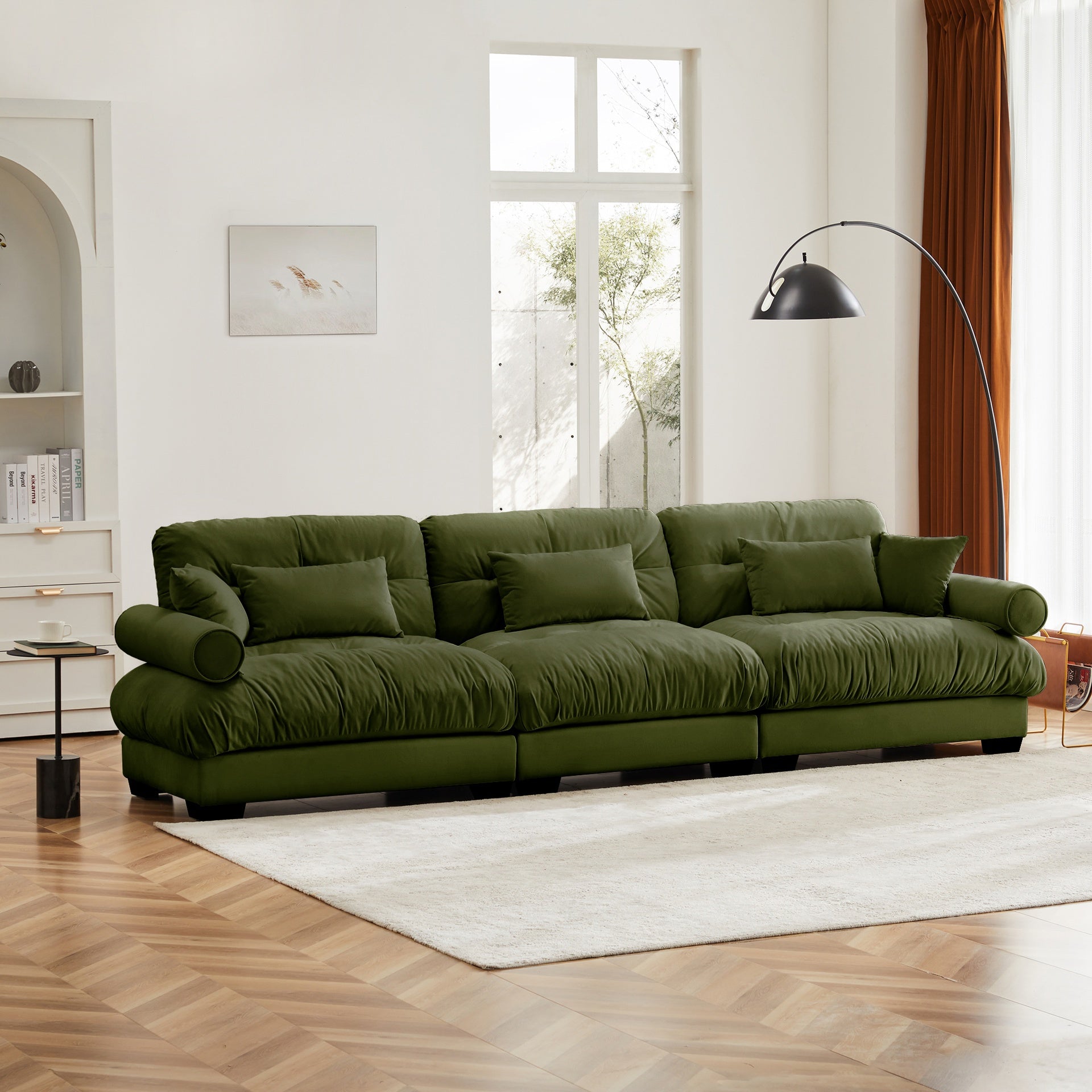 Extra Large  3 Seat Modern Velvet Sofa, Oversize Sofa, Clould Like Comfortable Seat and Back Support, With Waist Pillows and Throw Pillows, Olive green
