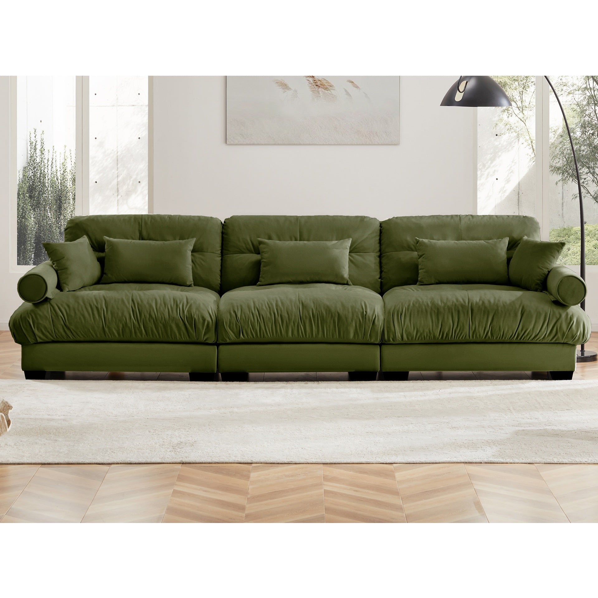 Extra Large  3 Seat Modern Velvet Sofa, Oversize Sofa, Clould Like Comfortable Seat and Back Support, With Waist Pillows and Throw Pillows, Olive green