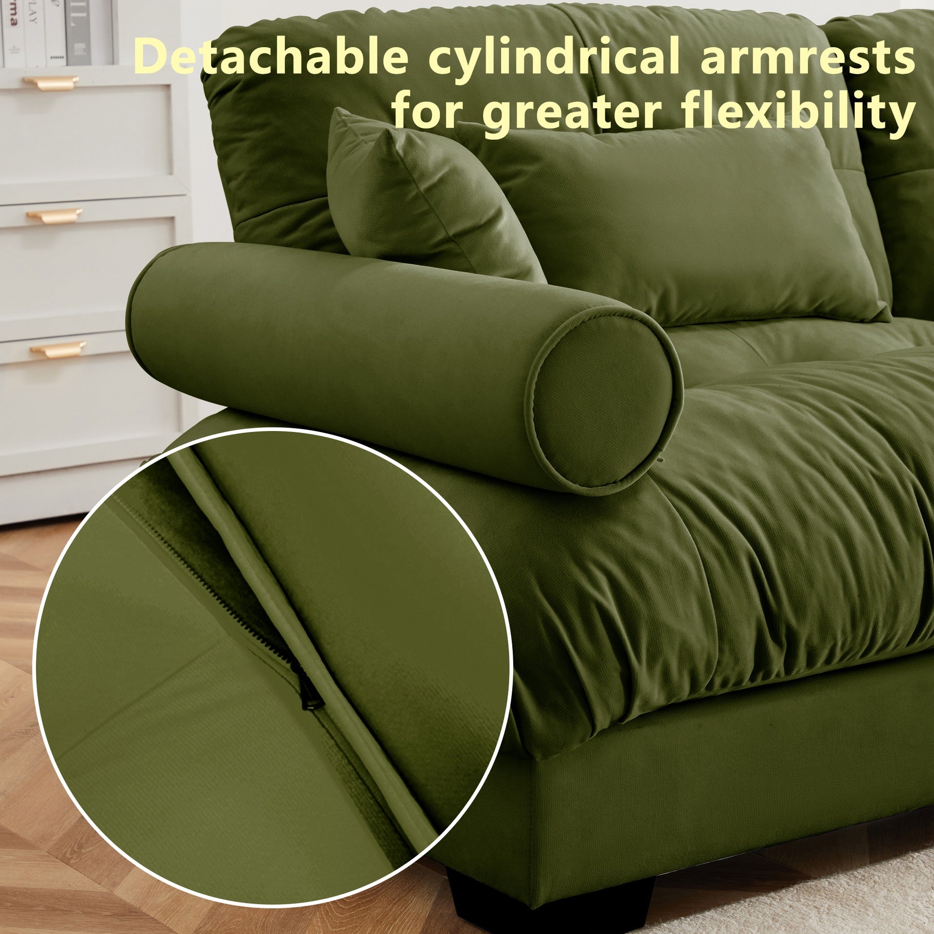 Super Comfort Oversized Modular Velvet Sectional Sofa Couch with Movable Ottoman,Corner Sectional with Bolstered Armrests, Deep Seat Cloud Couch, Convertible L Shaped Couch for Living Room Olive green