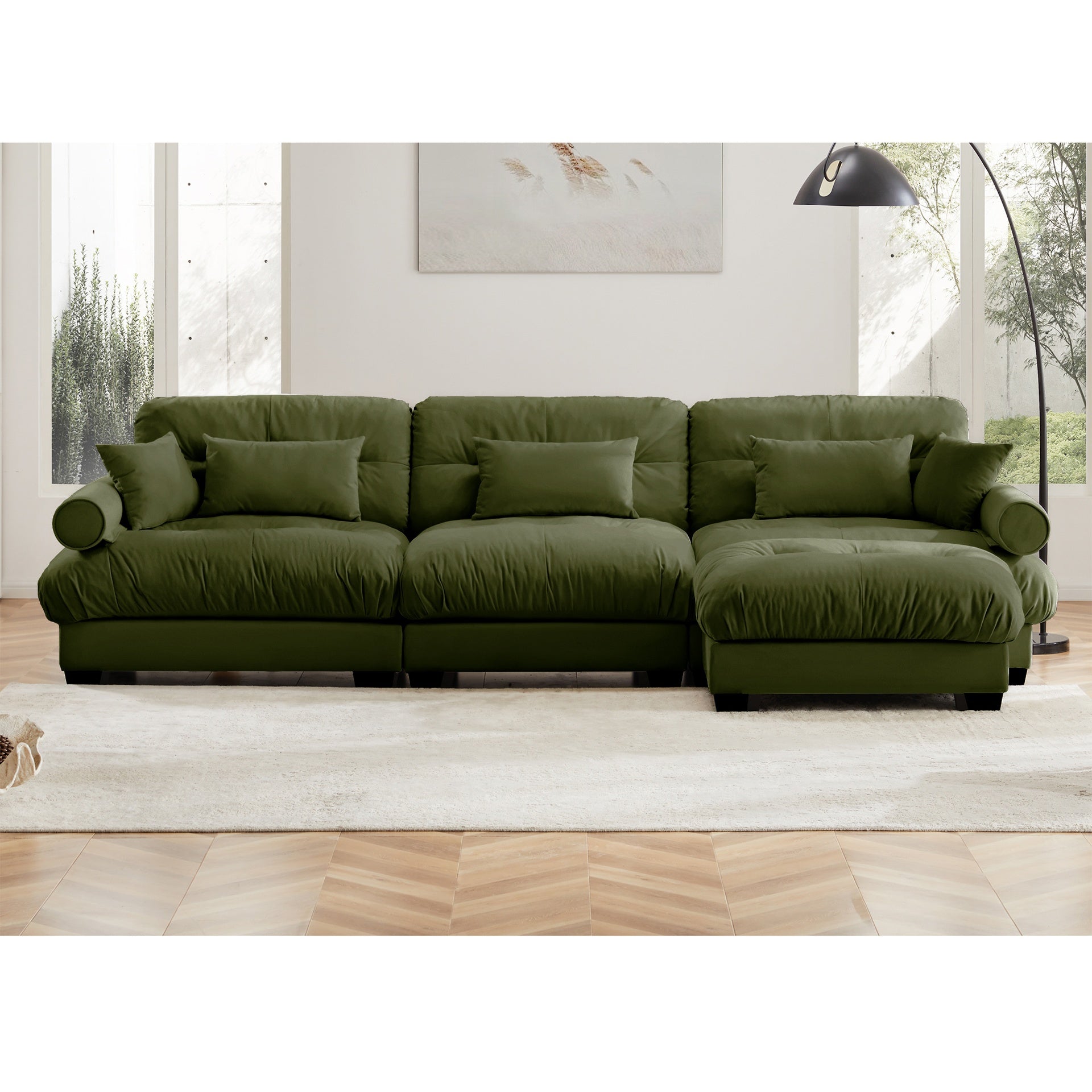 Super Comfort Oversized Modular Velvet Sectional Sofa Couch with Movable Ottoman,Corner Sectional with Bolstered Armrests, Deep Seat Cloud Couch, Convertible L Shaped Couch for Living Room Olive green