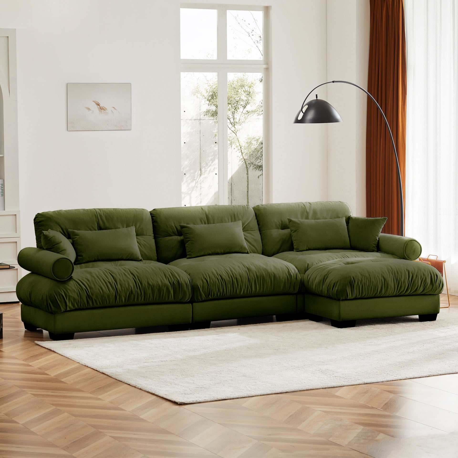 Super Comfort Oversized Modular Velvet Sectional Sofa Couch with Movable Ottoman,Corner Sectional with Bolstered Armrests, Deep Seat Cloud Couch, Convertible L Shaped Couch for Living Room Olive green
