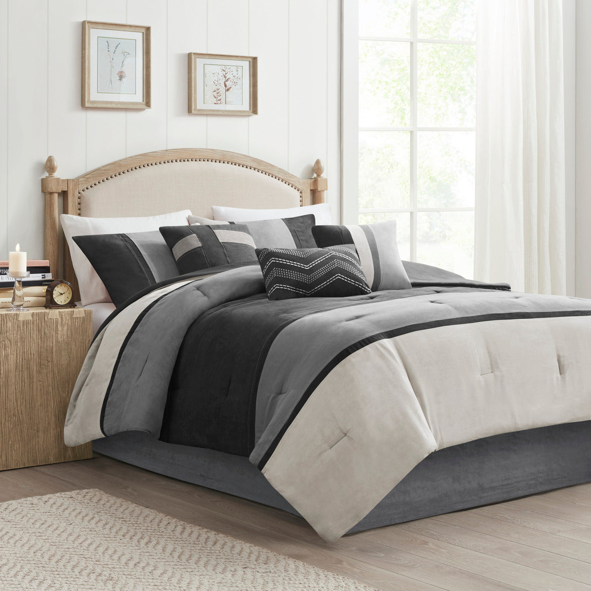 7 Piece Faux Suede Comforter Set Black Queen