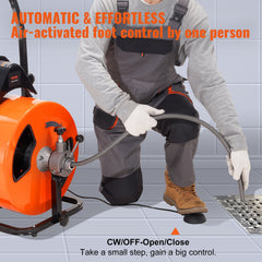 Drain Cleaning Machine 100FT x 3/4 Inch, Sewer Snake Machine Auto Feed, Drain Auger Cleaner with 4 Cutter & Air-Activated Foot Switch for 1" to 4" Pipes