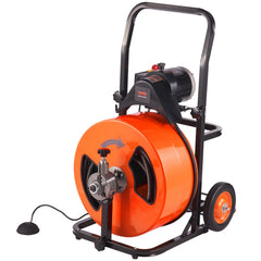 Drain Cleaning Machine 100FT x 3/4 Inch, Sewer Snake Machine Auto Feed, Drain Auger Cleaner with 4 Cutter & Air-Activated Foot Switch for 1" to 4" Pipes