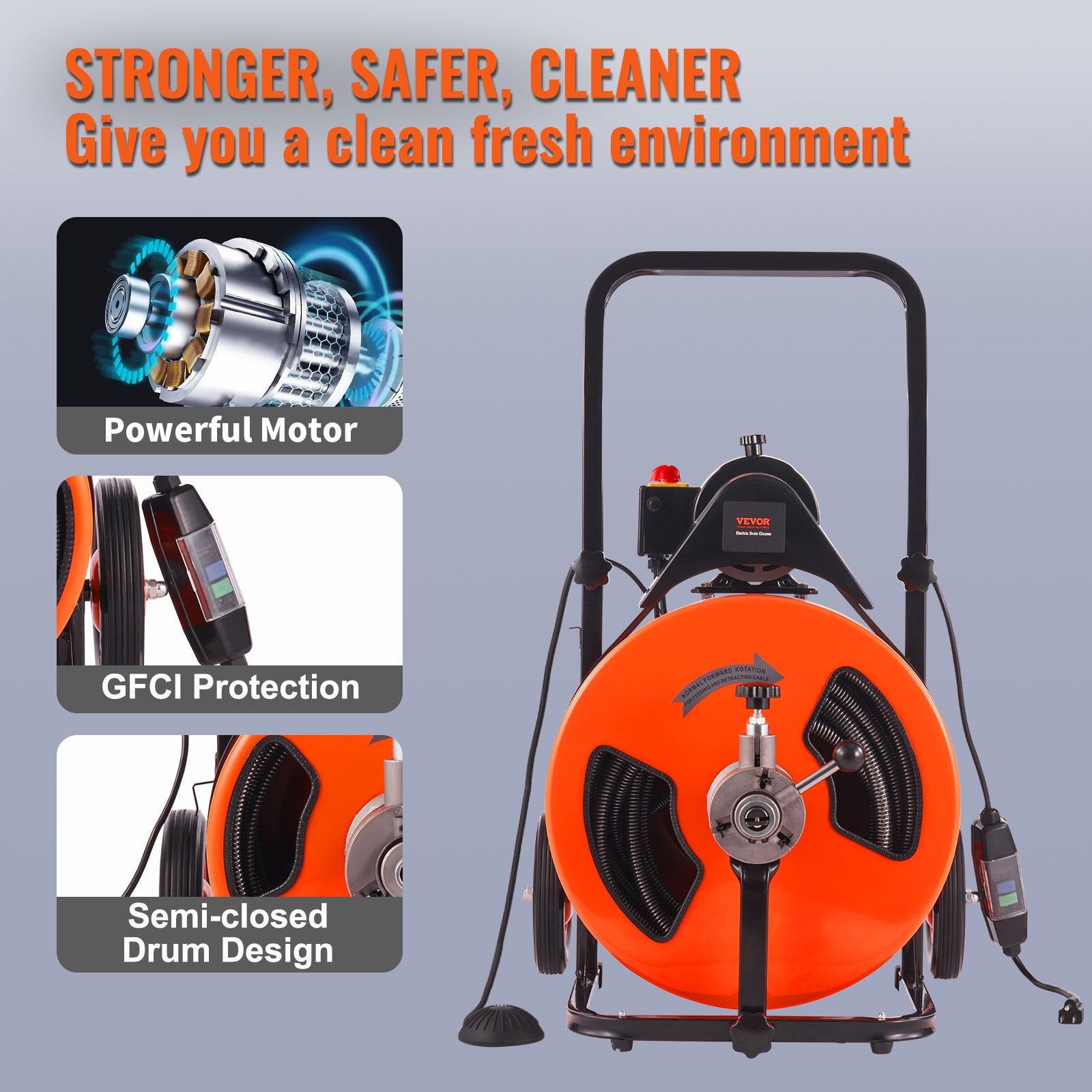 Drain Cleaning Machine 100FT x 3/4 Inch, Sewer Snake Machine Auto Feed, Drain Auger Cleaner with 4 Cutter & Air-Activated Foot Switch for 1" to 4" Pipes