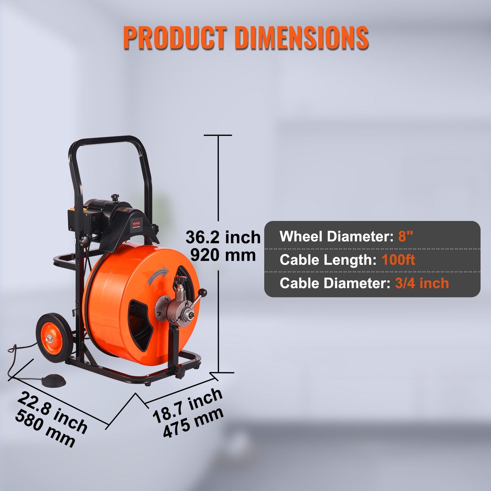 Drain Cleaning Machine 100FT x 3/4 Inch, Sewer Snake Machine Auto Feed, Drain Auger Cleaner with 4 Cutter & Air-Activated Foot Switch for 1" to 4" Pipes