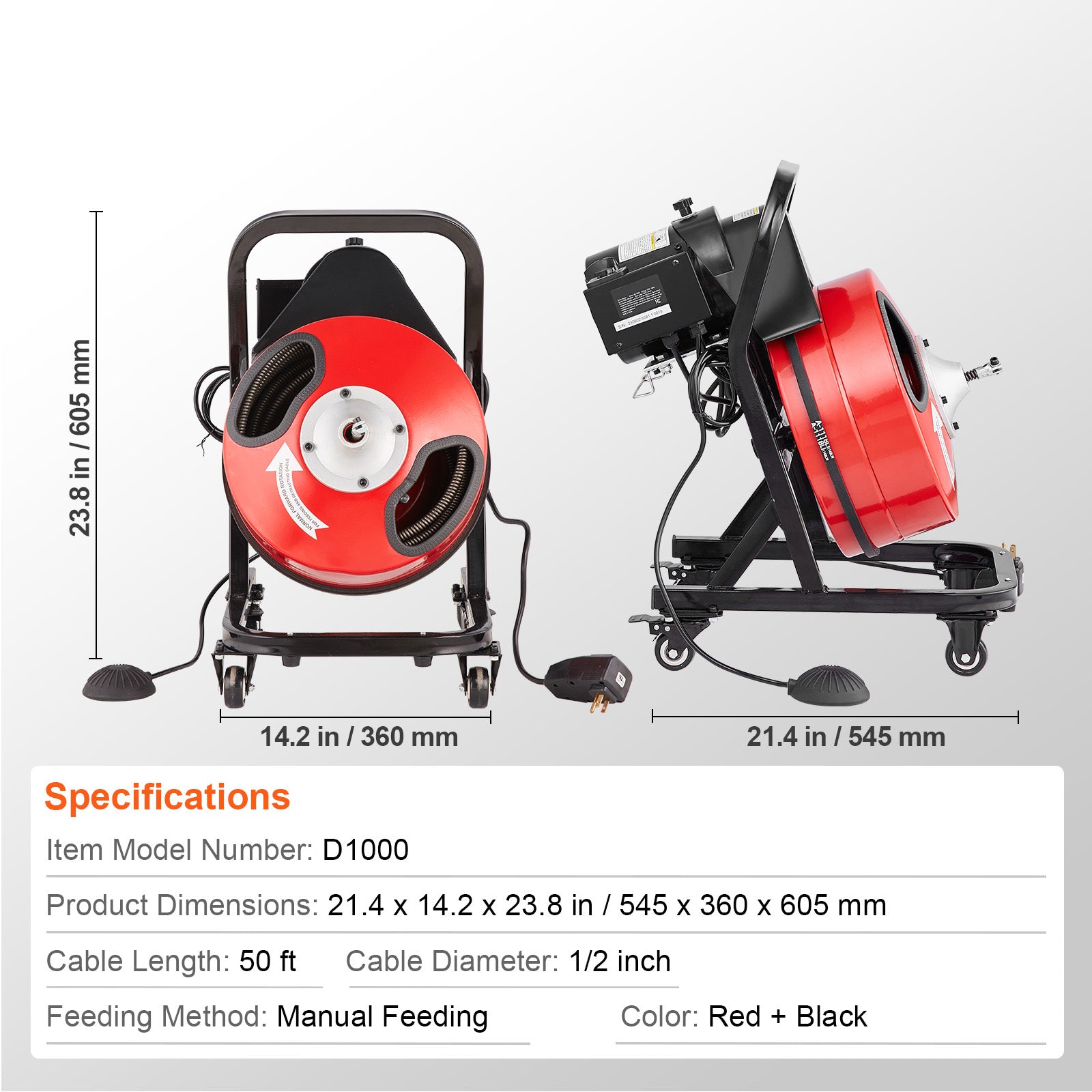 Drain Cleaner Machine 50FT x 1/2 Inch Manual Feed Snake Auger with Wheels