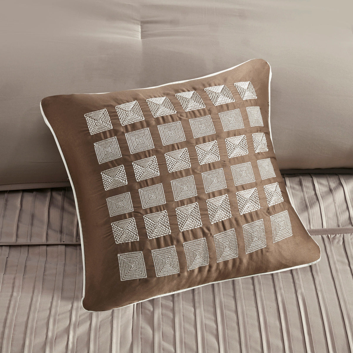 7 Piece Polyester Charmeuse Comforter Set Taupe Queen