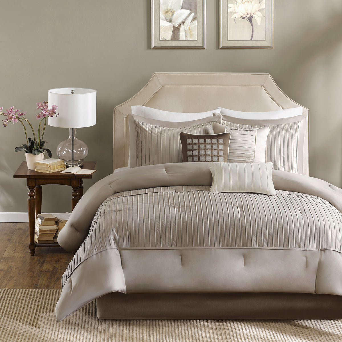 7 Piece Polyester Charmeuse Comforter Set Taupe Queen