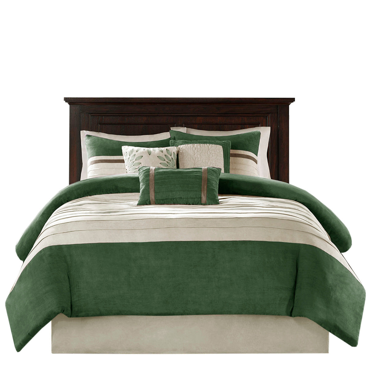 7 PC Pieced Faux Suede Comforter Set Green Queen