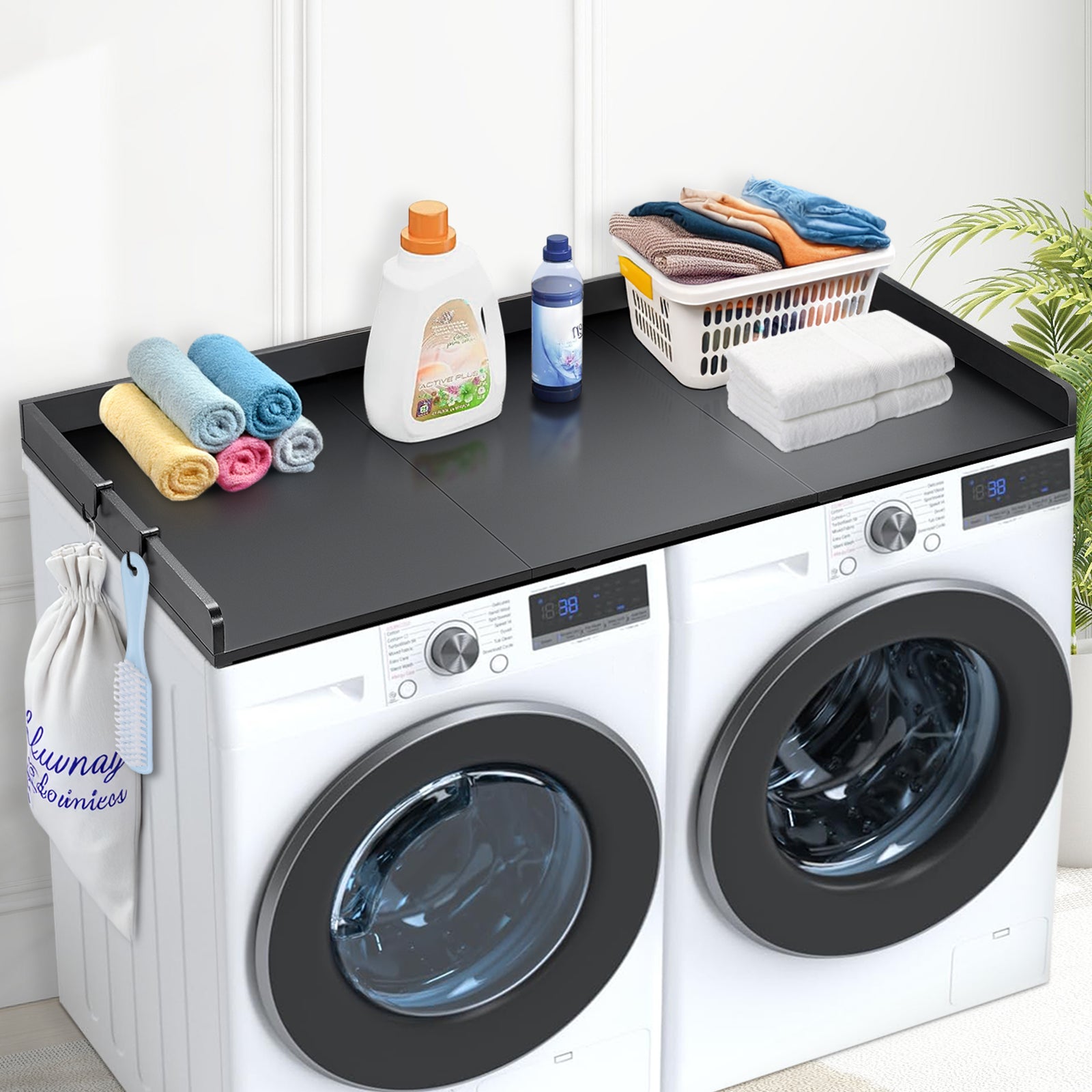 Washer Dryer Countertop, 27.5" Depth x 54" Width, Washer Dryer Wood Top for Laundry Room Organization with Edge Rails (Black)