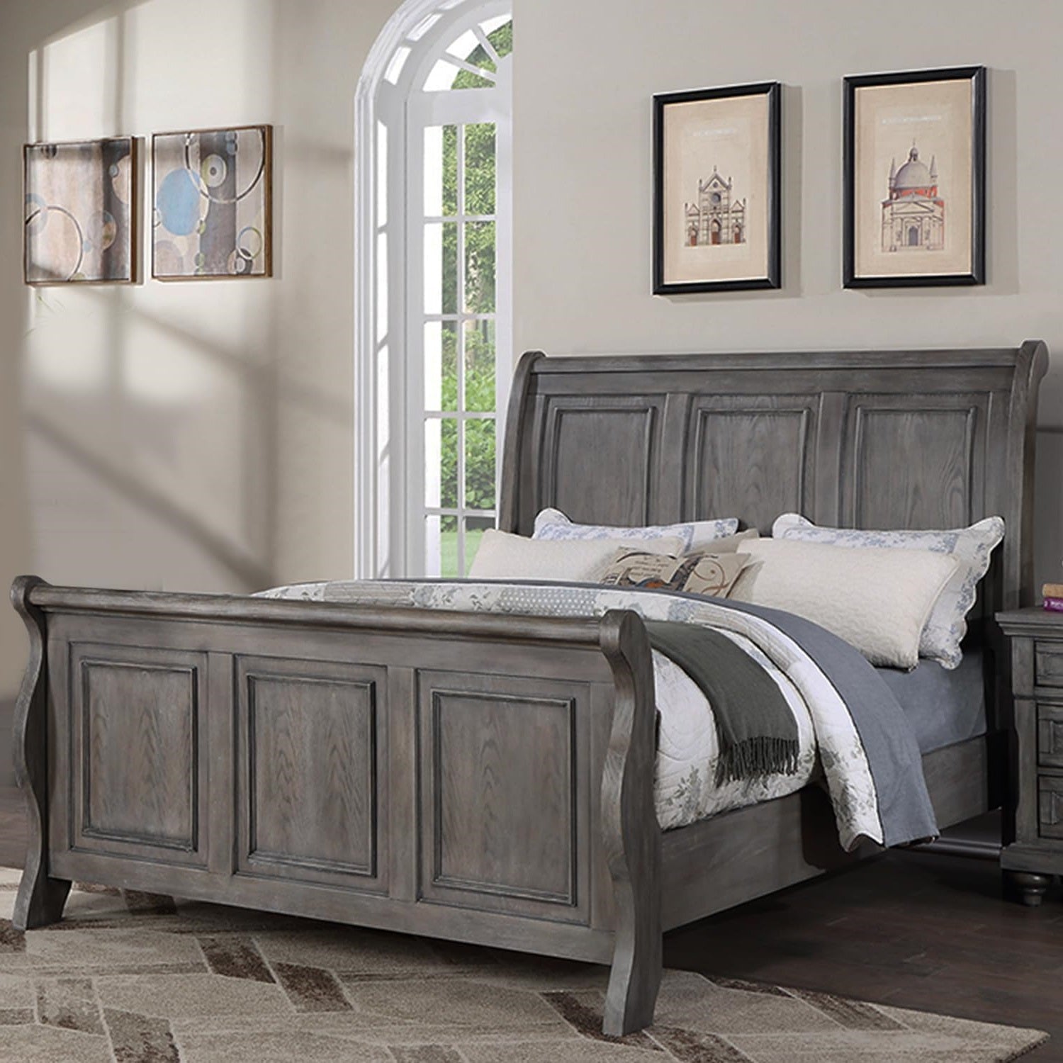 Grey Sleigh Design Headboard FB 1pc California King Size Panel Bed Beautiful Wooden Bedroom Furniture Antique Gray Oak Finish