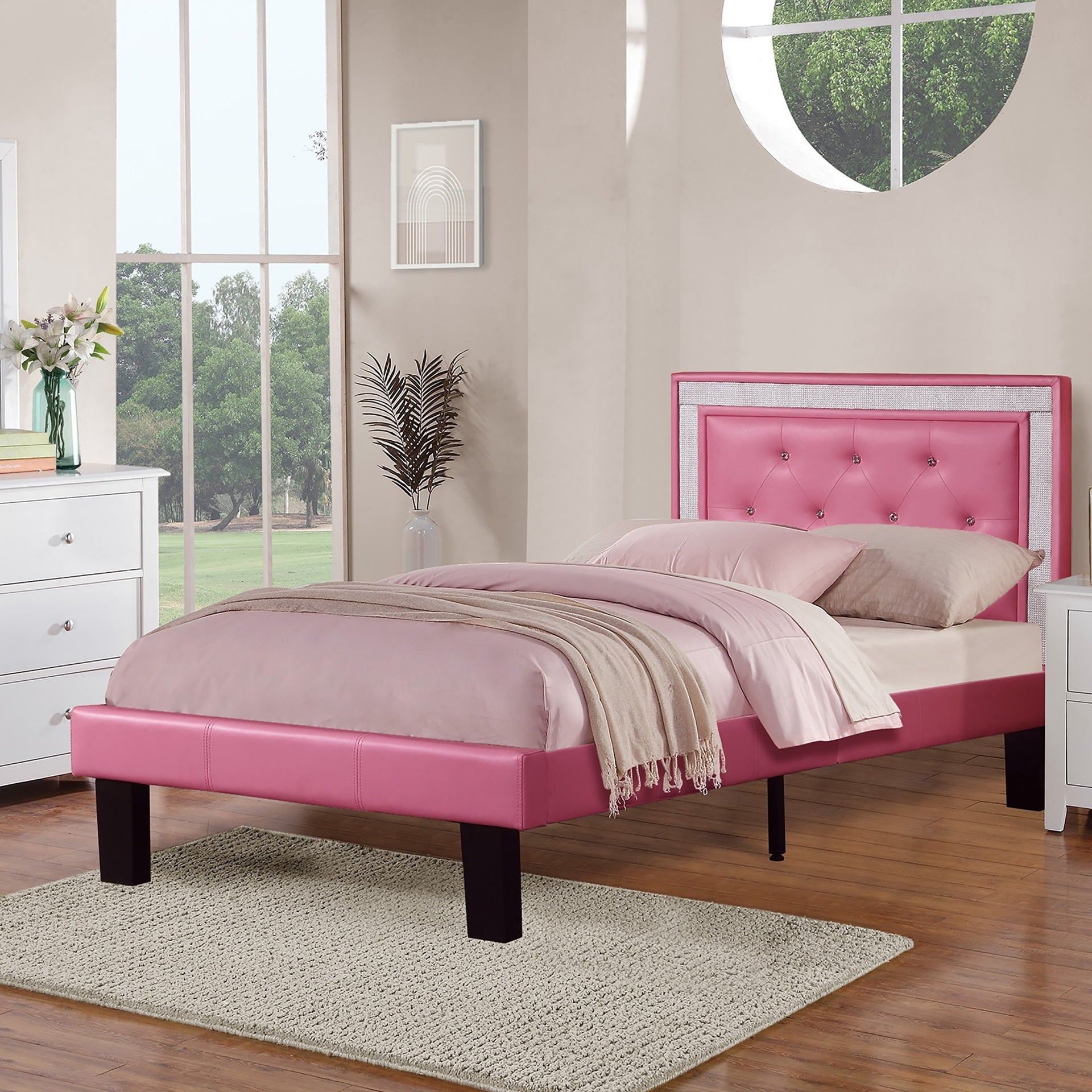 Modern Bedroom Furniture 1pc Full Size Bed Pink Faux Leather PU Wooden Legs Tufted HB Slats Support