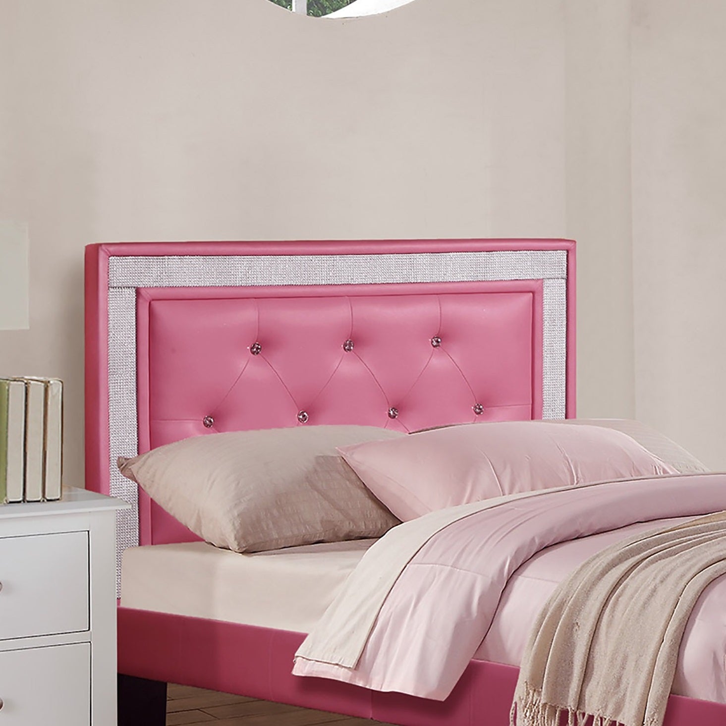 Modern Bedroom Furniture 1pc Full Size Bed Pink Faux Leather PU Wooden Legs Tufted HB Slats Support