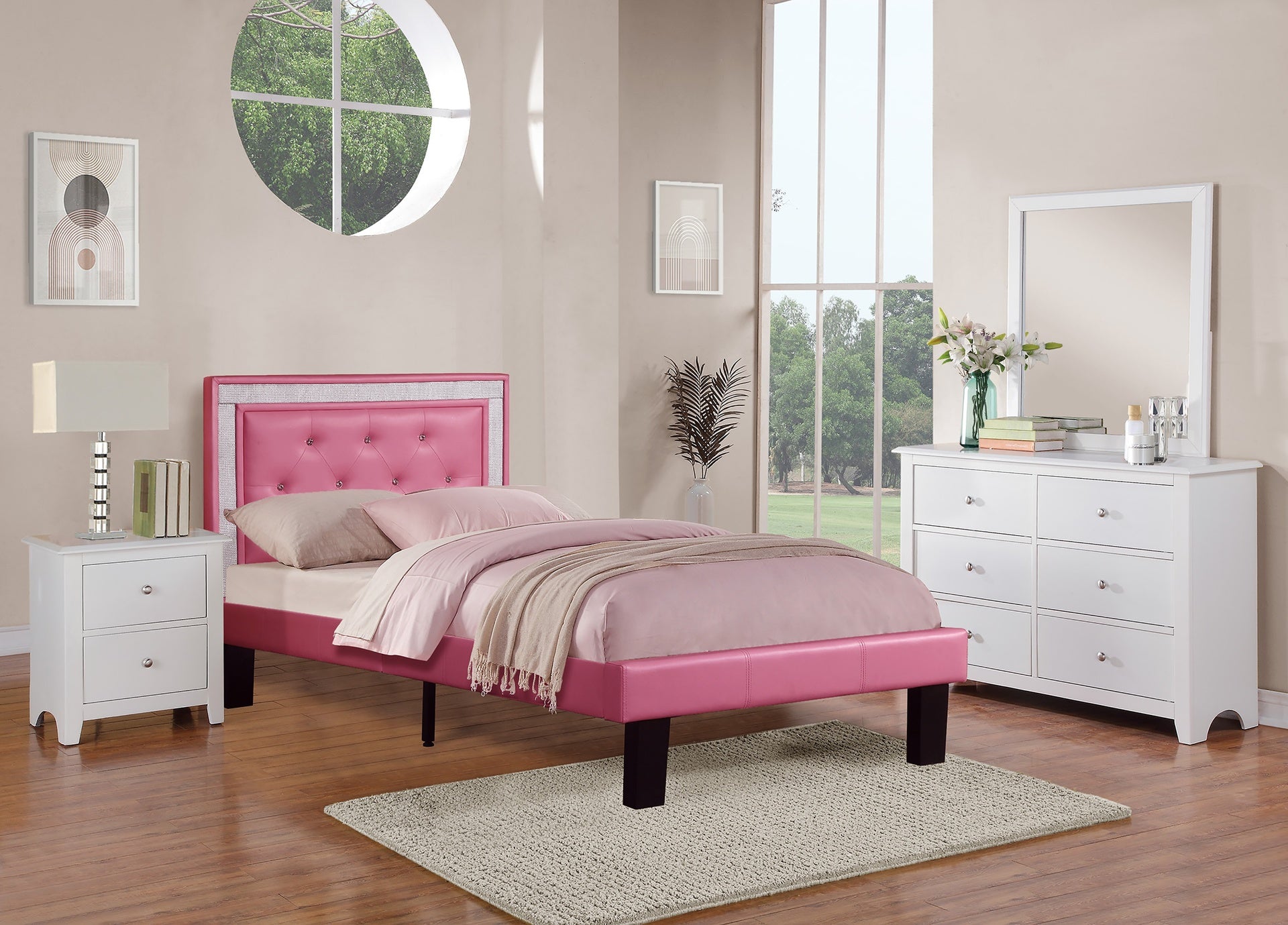 Modern Bedroom Furniture 1pc Full Size Bed Pink Faux Leather PU Wooden Legs Tufted HB Slats Support