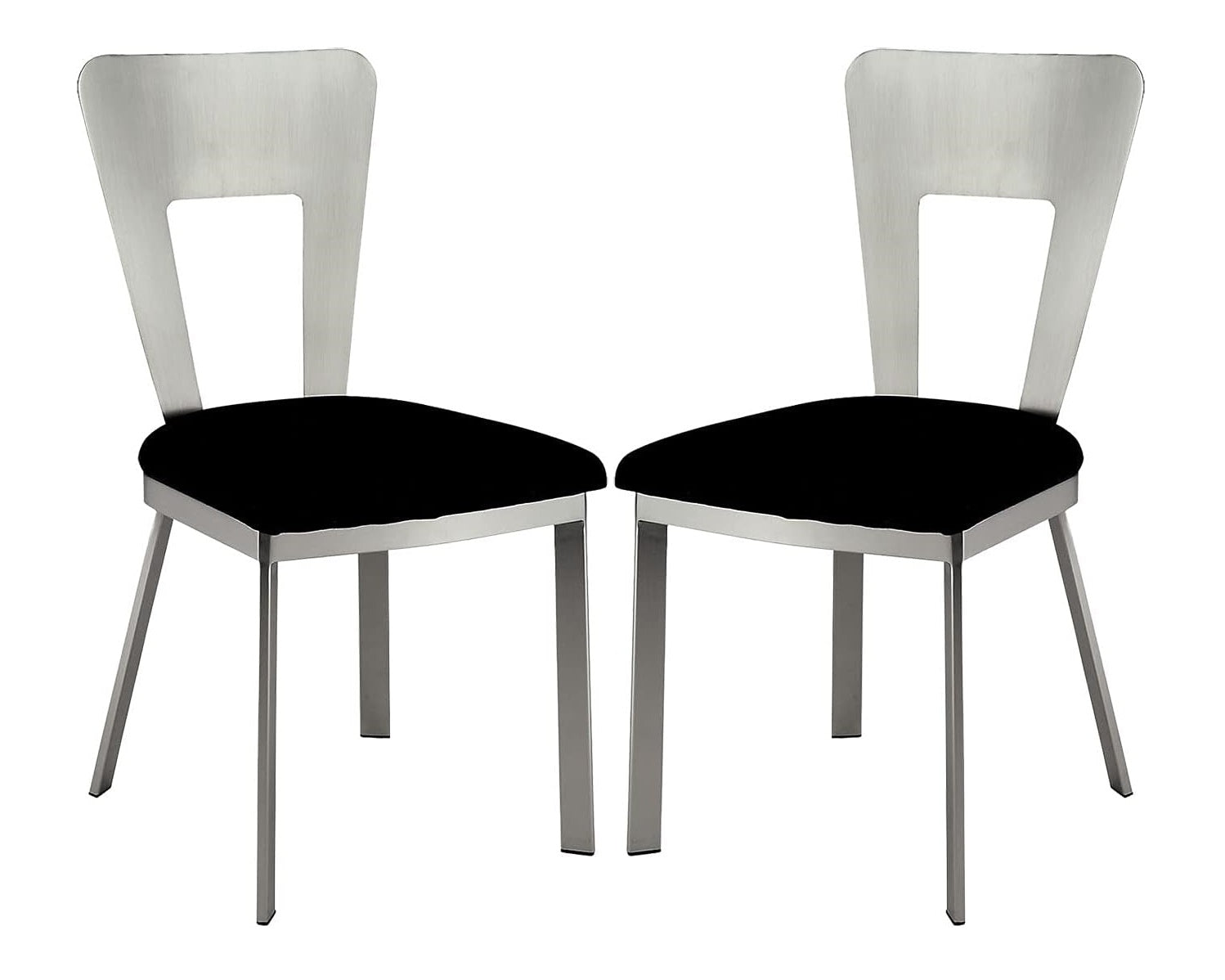 Contemporary Silver Metal 2pc Dining Chairs Black Microfiber Seat Dining Room Keyhole Back Satin Plated Powder Coating Chair