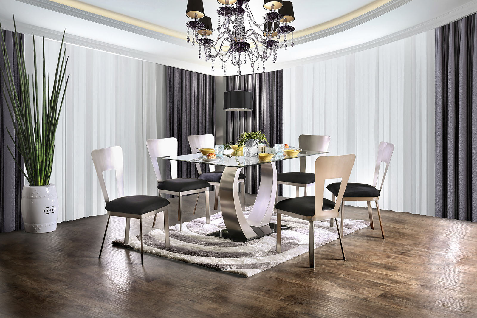 Contemporary Silver Metal 2pc Dining Chairs Black Microfiber Seat Dining Room Keyhole Back Satin Plated Powder Coating Chair