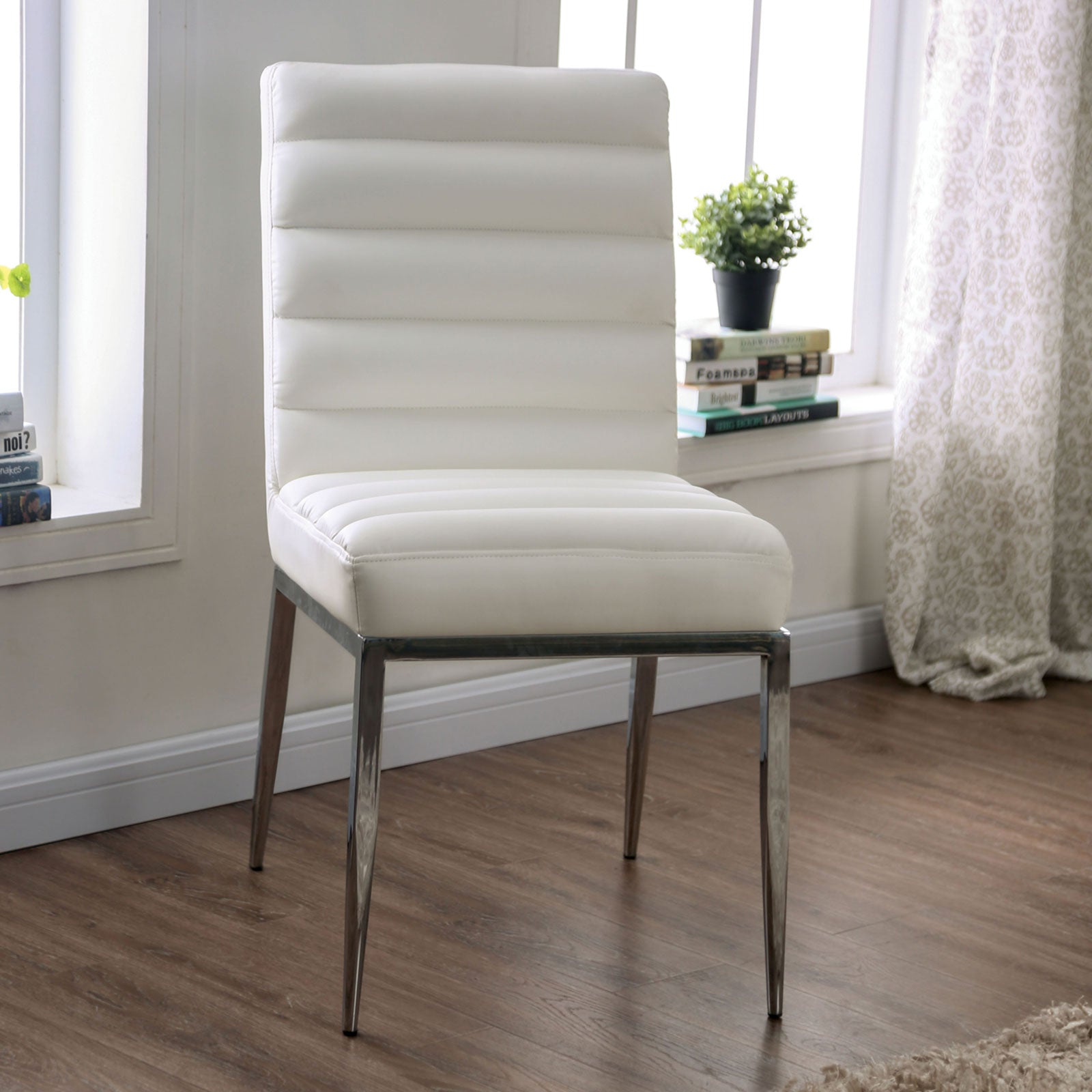 White Leatherette Metal frame 2pcs Side Chairs, Dining Room Furniture Plush Cushion Padded Seat Dining Chair Contemporary Style