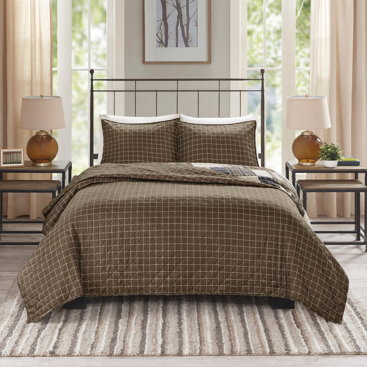 3 Piece Reversible Printed Quilt Set Black/Brown Full/Queen
