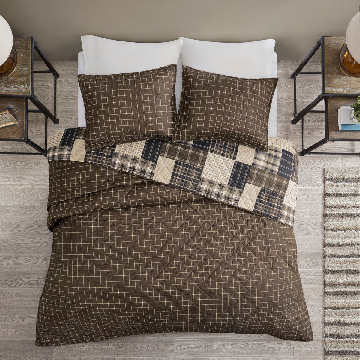 3 Piece Reversible Printed Quilt Set Black/Brown Full/Queen