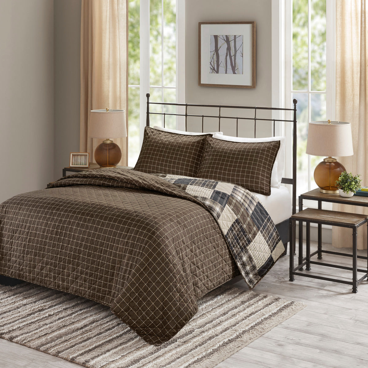 3 Piece Reversible Printed Quilt Set Black/Brown Full/Queen