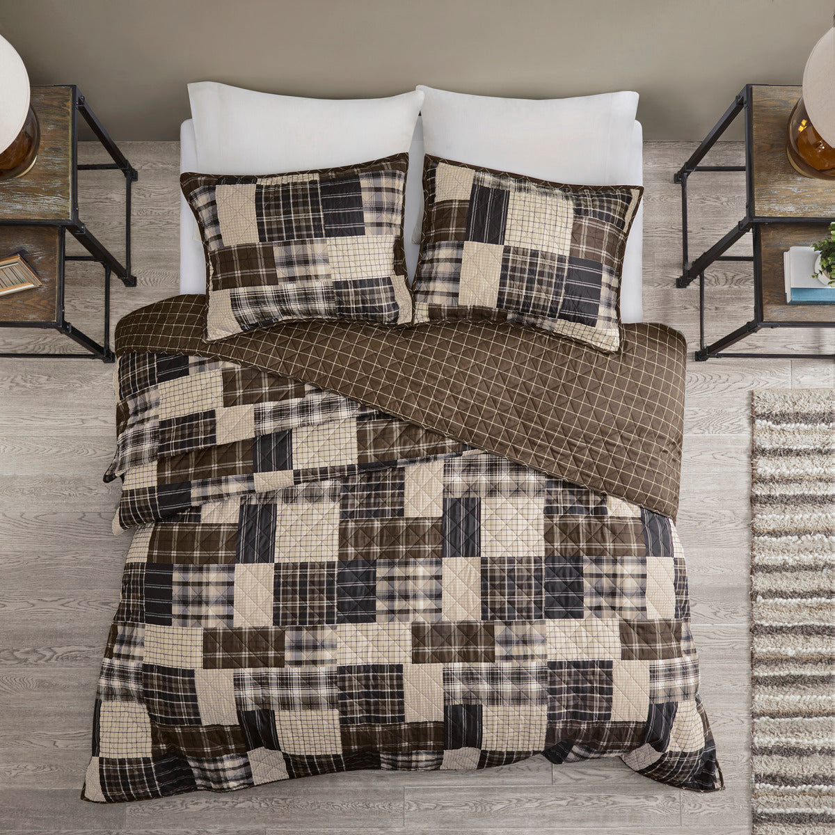 3 Piece Reversible Printed Quilt Set Black/Brown Full/Queen