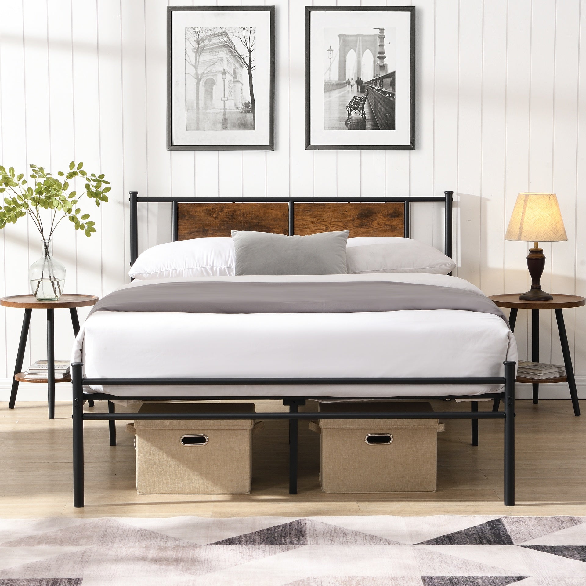 King Size metal bedframe,Headboard with wood panel decoration,black