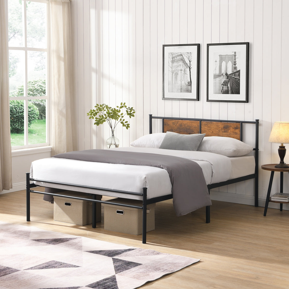 King Size metal bedframe,Headboard with wood panel decoration,black