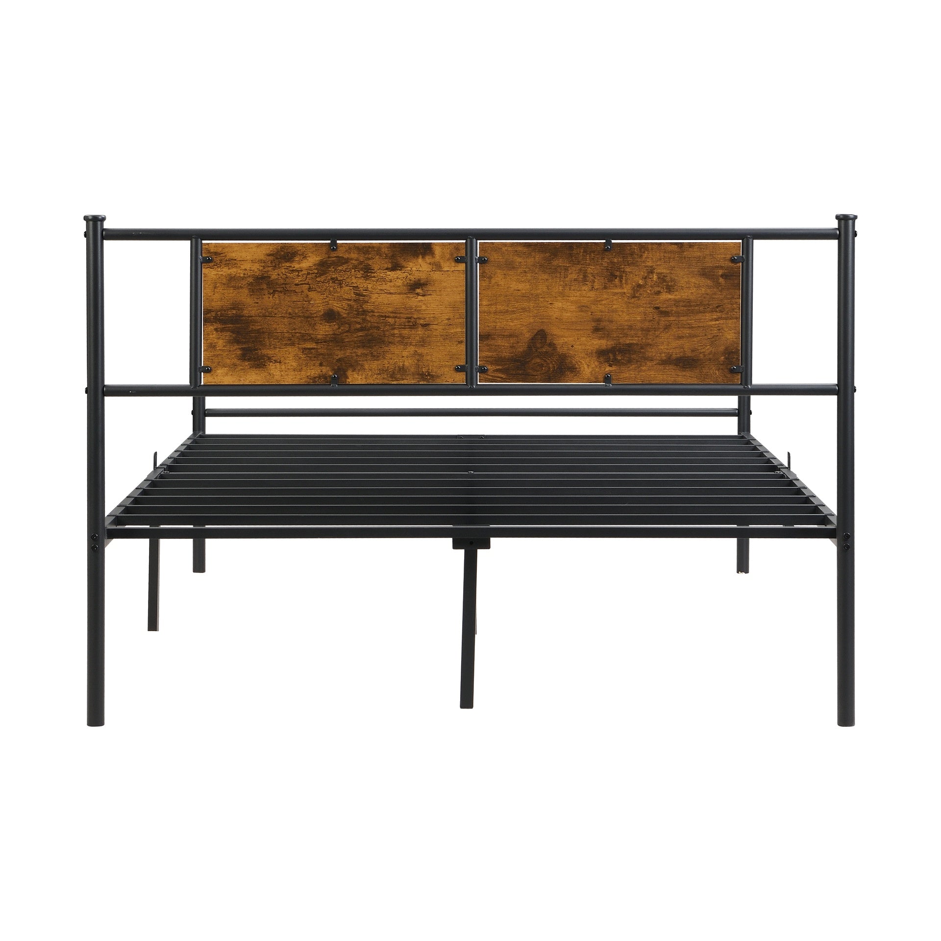 King Size metal bedframe,Headboard with wood panel decoration,black