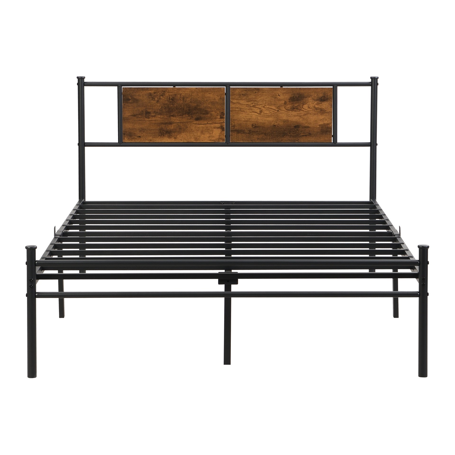 King Size metal bedframe,Headboard with wood panel decoration,black