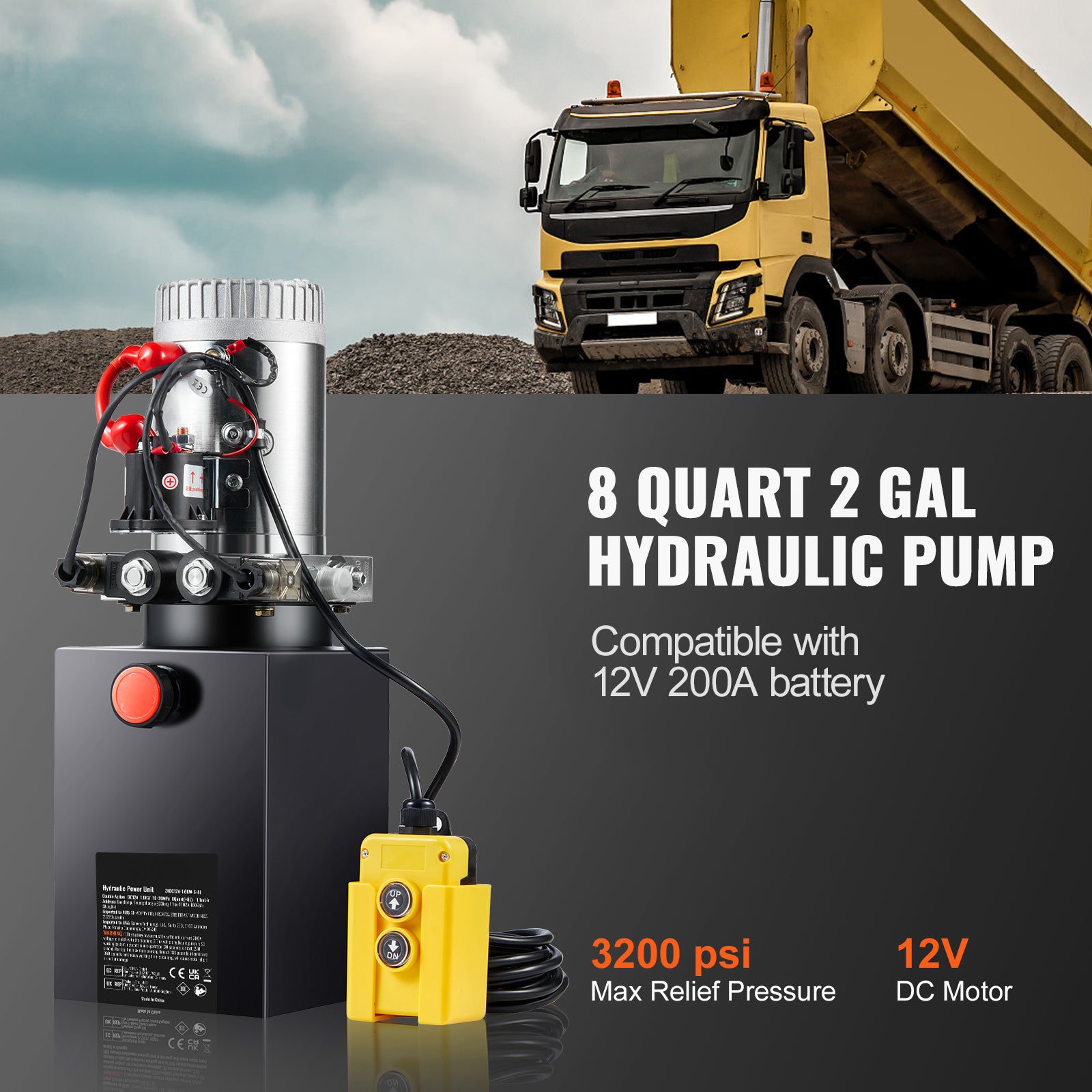 Hydraulic Pump, 8 Quart Hydraulic Power Unit, Double Acting Dump Trailer Pump, 0.91 GPM Flow Rate, 3200 PSI Max Relief Pressure, DC 12V Hydraulic Pump for Dump Trailer Car Lifting